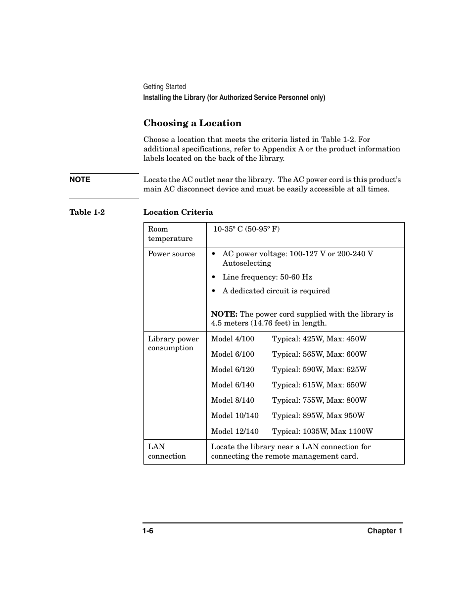 Choosing a location -6, Table 1-2. location criteria -6 | HP Surestore 6.140 Tape Library User Manual | Page 22 / 240