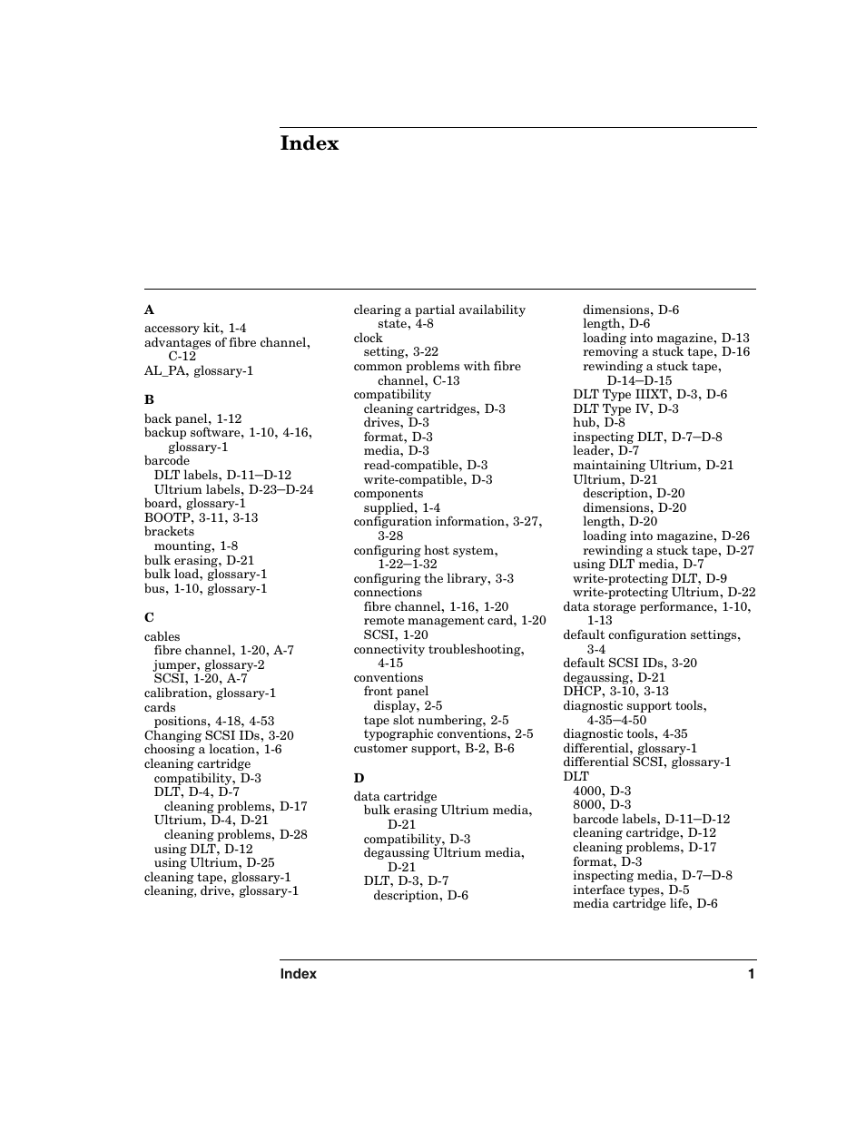 Index | HP Surestore 6.140 Tape Library User Manual | Page 235 / 240