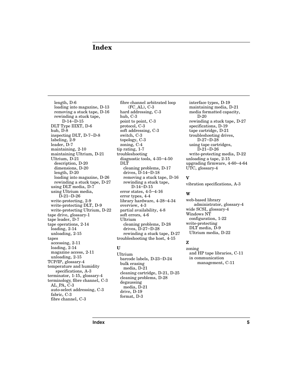 Index | HP Surestore 6.140 Tape Library User Manual | Page 239 / 240