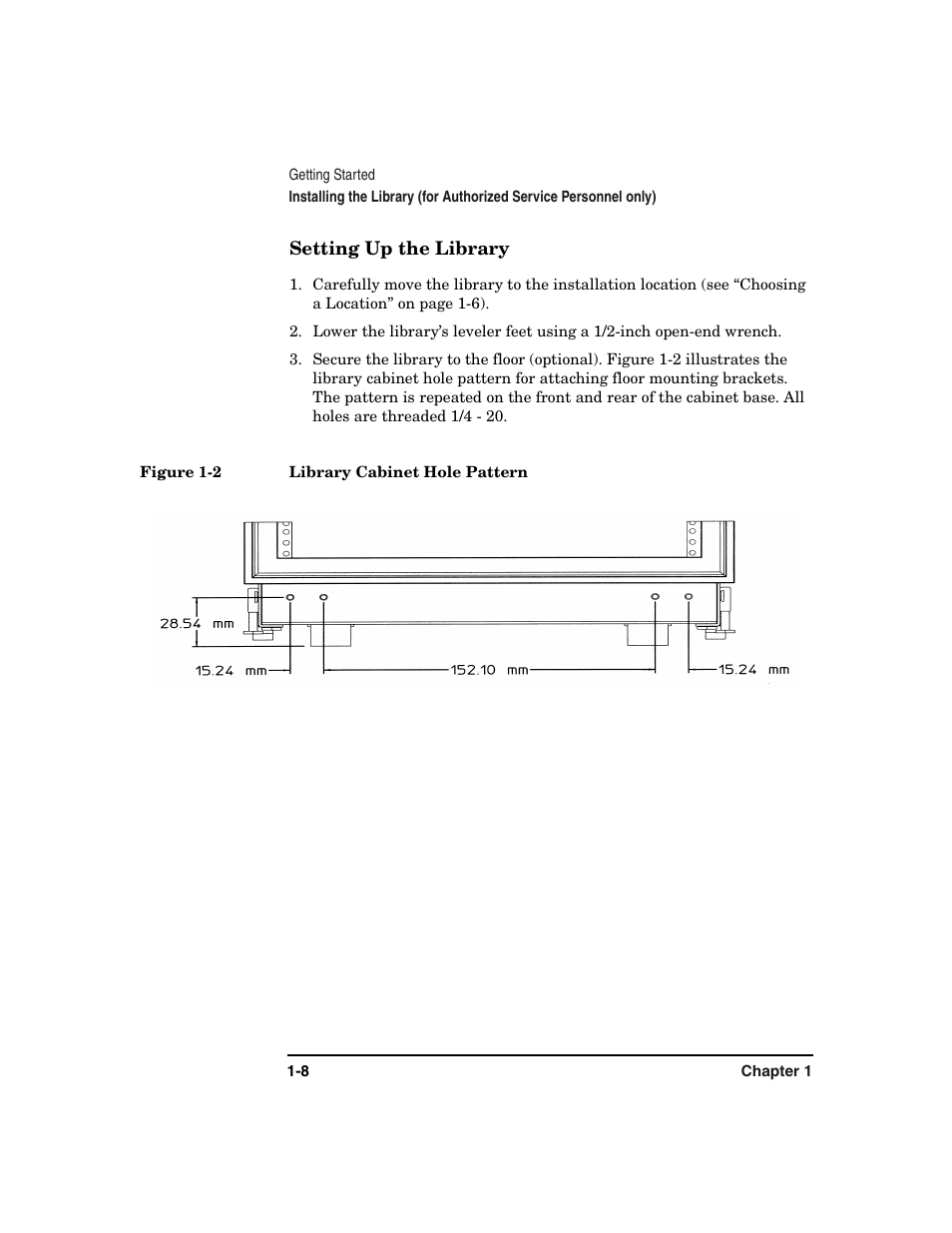 Setting up the library -8, Figure 1-2. library cabinet hole pattern -8 | HP Surestore 6.140 Tape Library User Manual | Page 24 / 240