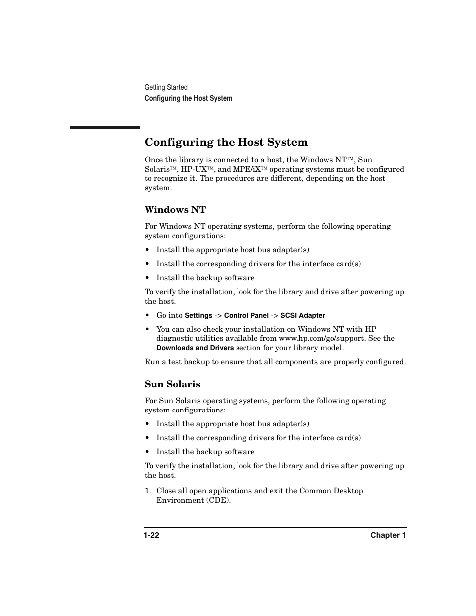 Configuring the host system, Windows nt, Sun solaris | Configuring the host system -22, Windows nt -22 sun solaris -22 | HP Surestore 6.140 Tape Library User Manual | Page 38 / 240