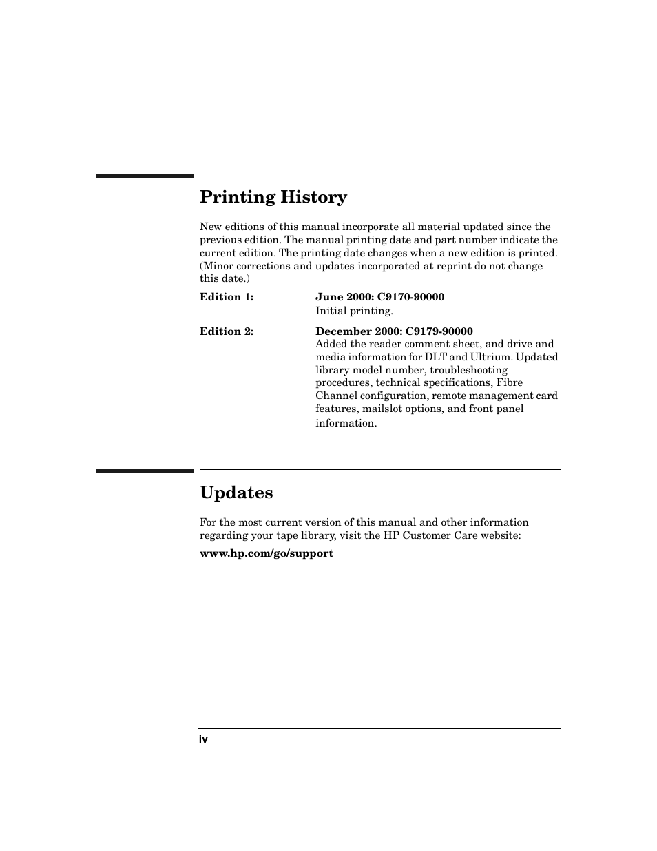 Printing history, Updates | HP Surestore 6.140 Tape Library User Manual | Page 4 / 240