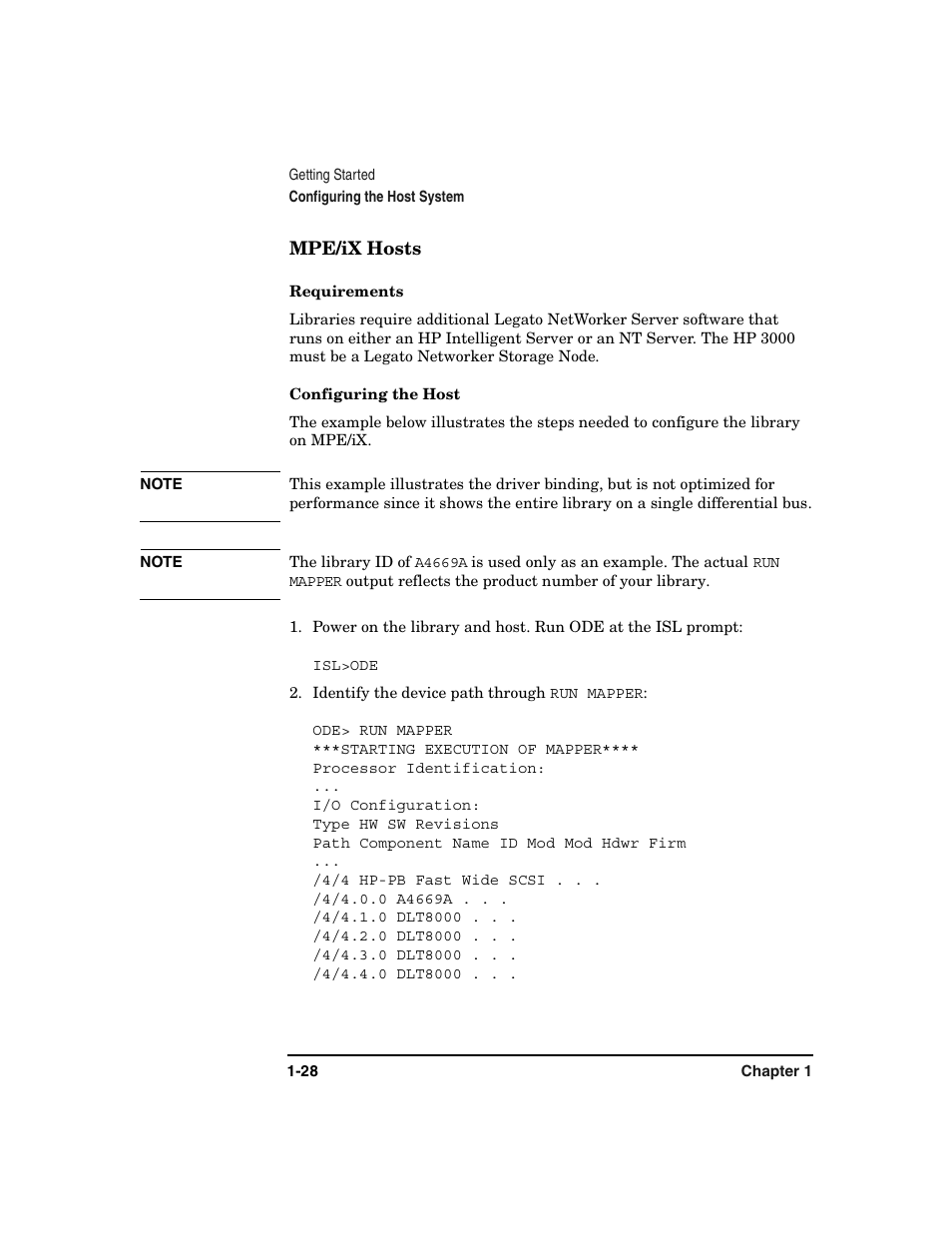 Mpe/ix hosts, Mpe/ix hosts -28, Requirements -28 configuring the host -28 | HP Surestore 6.140 Tape Library User Manual | Page 44 / 240