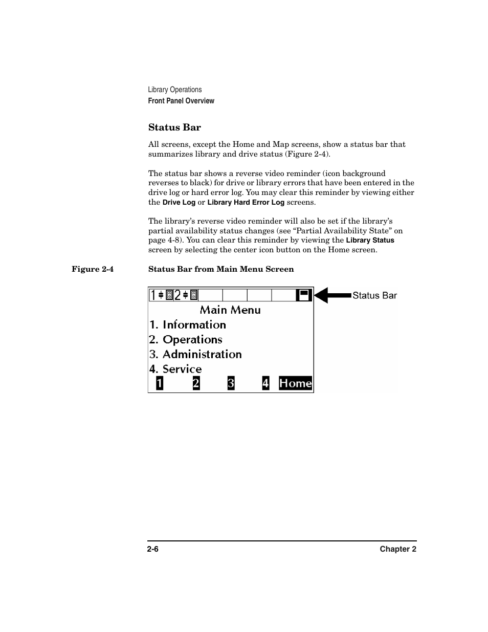 Status bar -6, Figure 2-4. status bar from main menu screen -6 | HP Surestore 6.140 Tape Library User Manual | Page 64 / 240