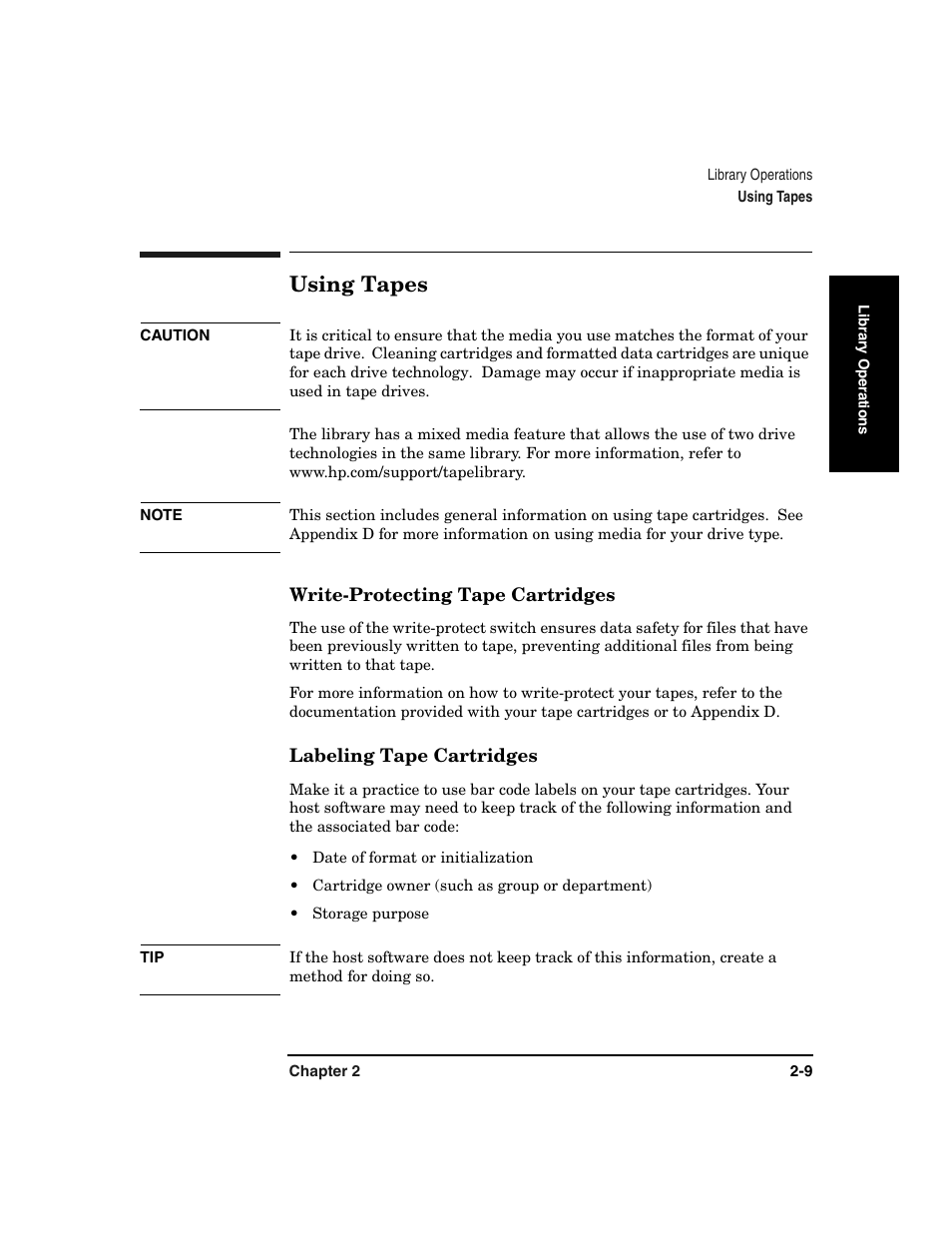 Using tapes, Using tapes -9 | HP Surestore 6.140 Tape Library User Manual | Page 67 / 240