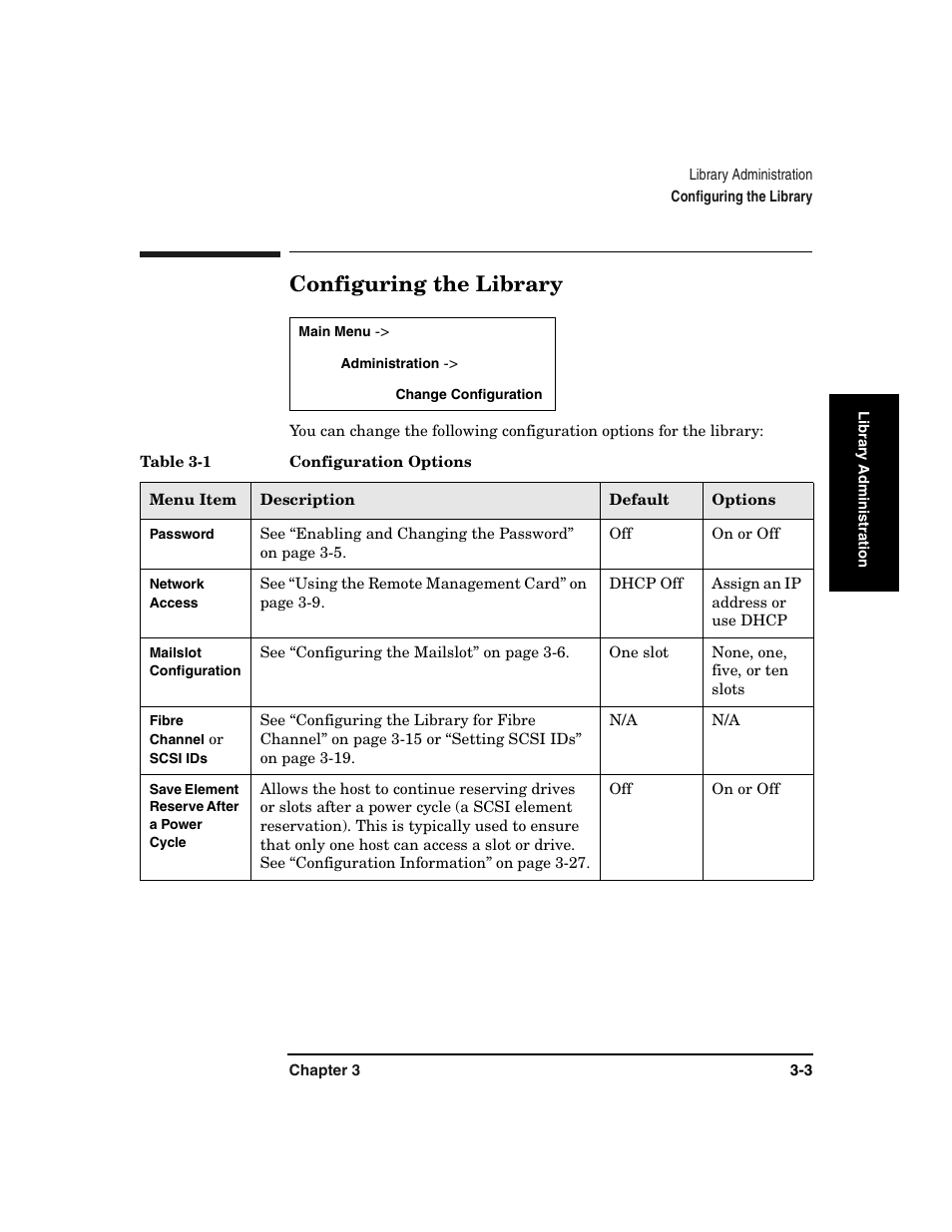 Configuring the library, Configuring the library -3, Table 3-1. configuration options -3 | HP Surestore 6.140 Tape Library User Manual | Page 77 / 240