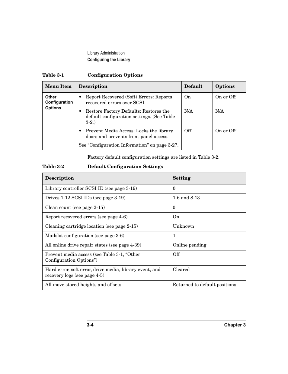 Table 3-2. default configuration settings -4 | HP Surestore 6.140 Tape Library User Manual | Page 78 / 240