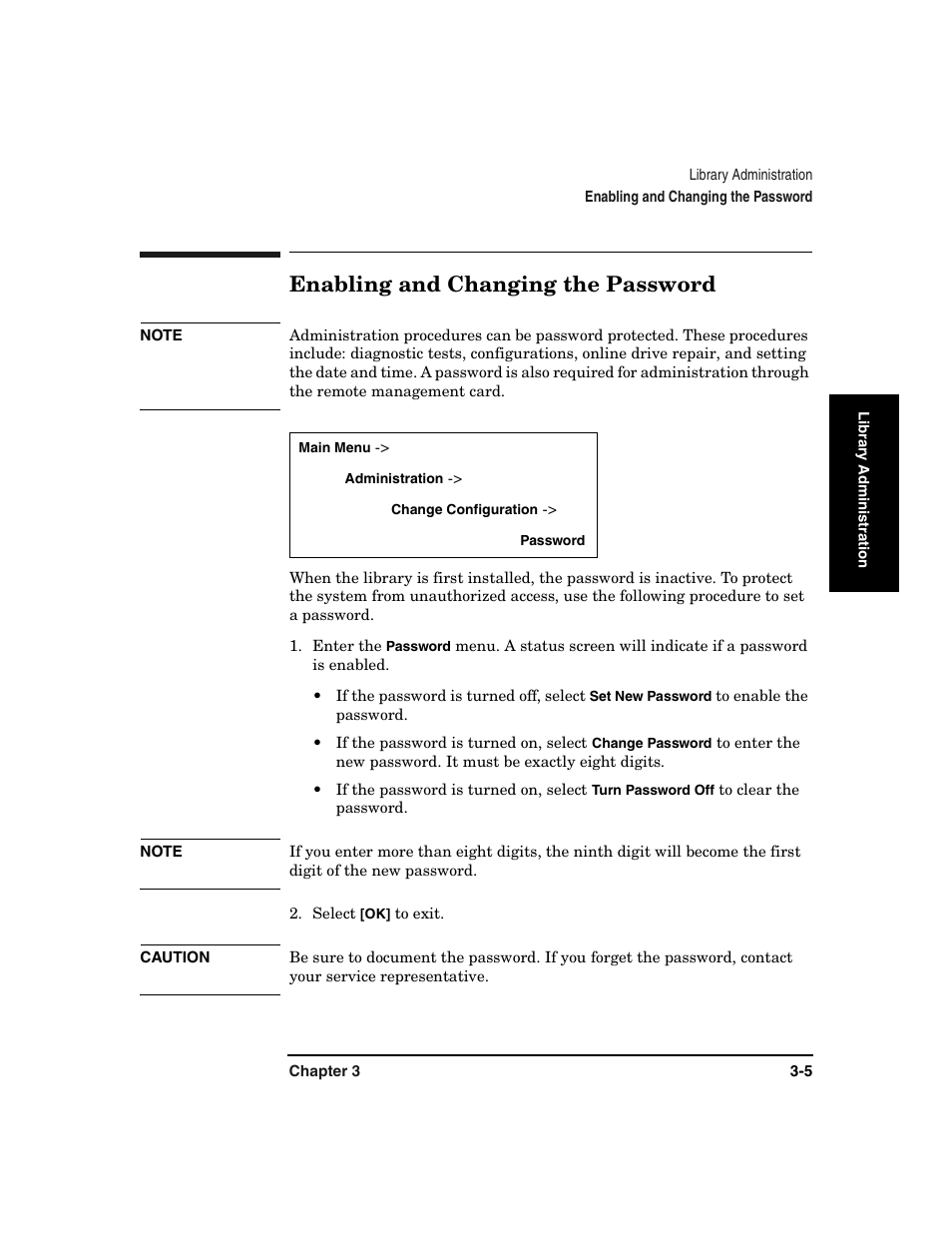 Enabling and changing the password, Enabling and changing the password -5 | HP Surestore 6.140 Tape Library User Manual | Page 79 / 240