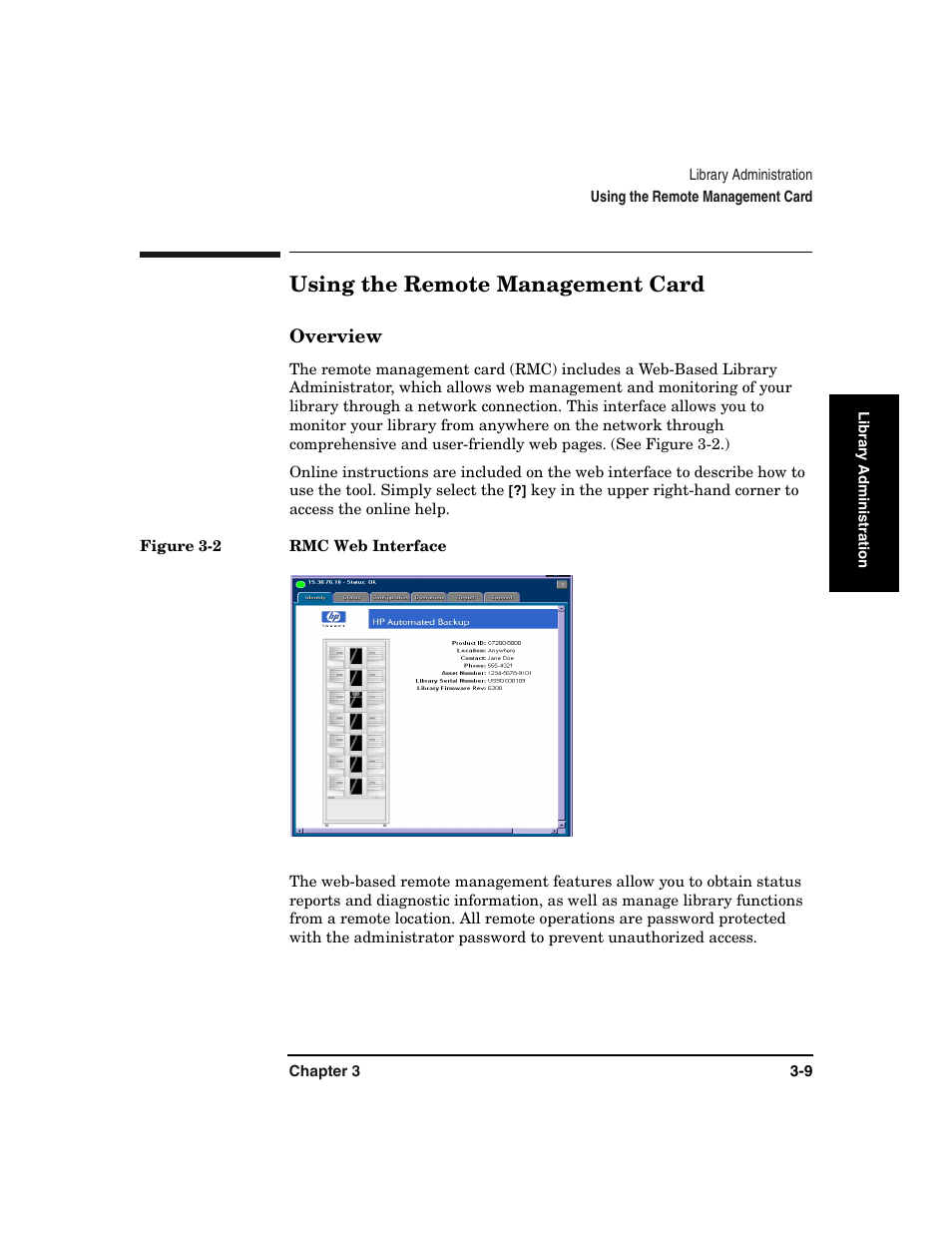 Using the remote management card, Using the remote management card -9, Overview -9 | Figure 3-2. rmc web interface -9, Using the remote | HP Surestore 6.140 Tape Library User Manual | Page 83 / 240