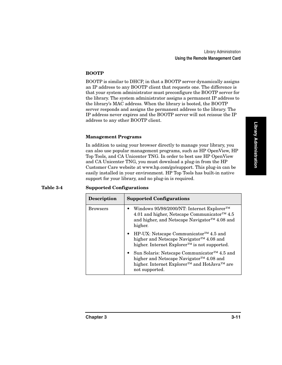 Bootp -11 management programs -11, Table 3-4. supported configurations -11 | HP Surestore 6.140 Tape Library User Manual | Page 85 / 240