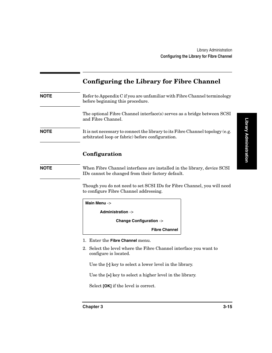 Configuring the library for fibre channel, Configuring the library for fibre channel -15, Configuration -15 | HP Surestore 6.140 Tape Library User Manual | Page 89 / 240