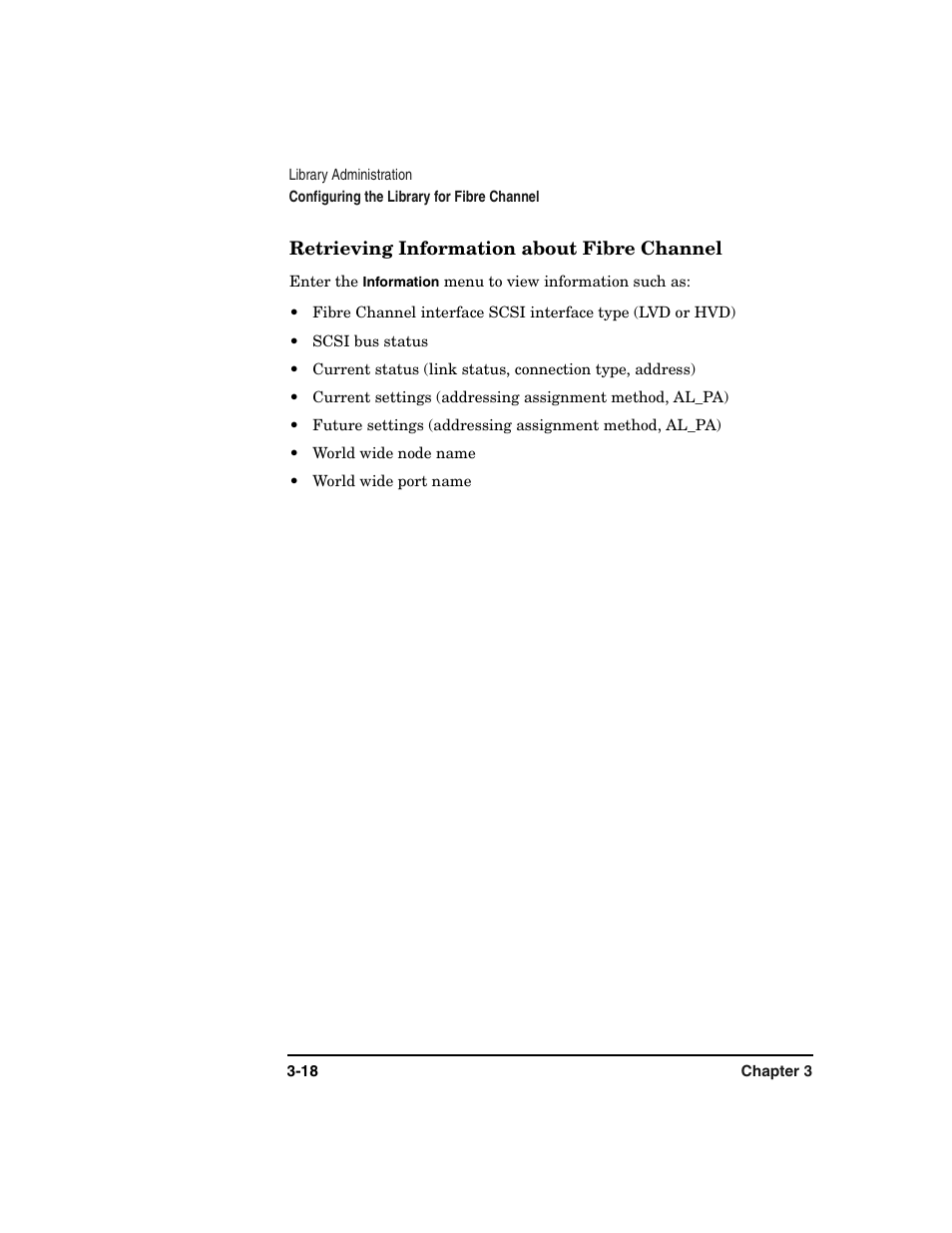 Retrieving information about fibre channel -18 | HP Surestore 6.140 Tape Library User Manual | Page 92 / 240