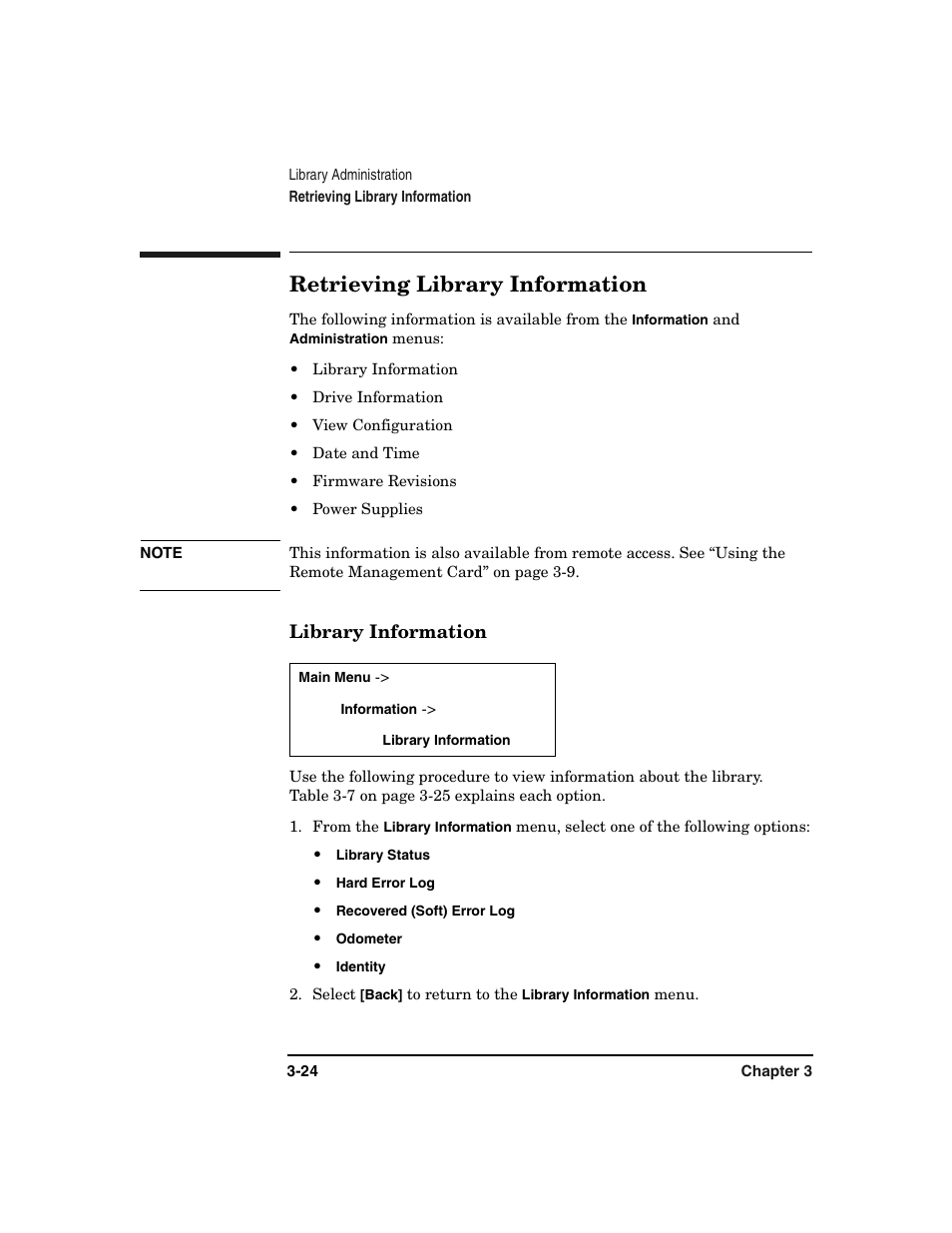 Retrieving library information, Retrieving library information -24, Library information -24 | HP Surestore 6.140 Tape Library User Manual | Page 98 / 240