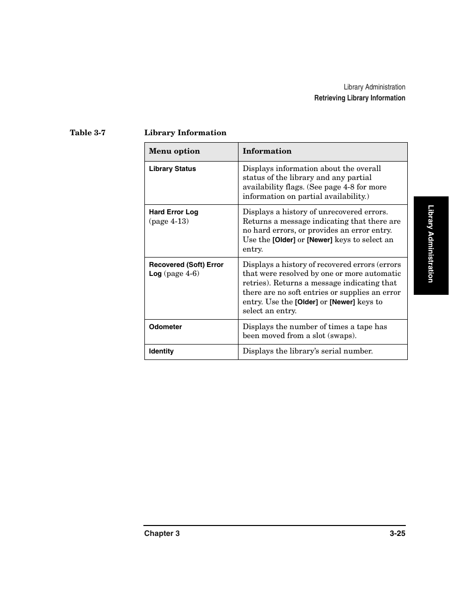 Table 3-7. library information -25 | HP Surestore 6.140 Tape Library User Manual | Page 99 / 240