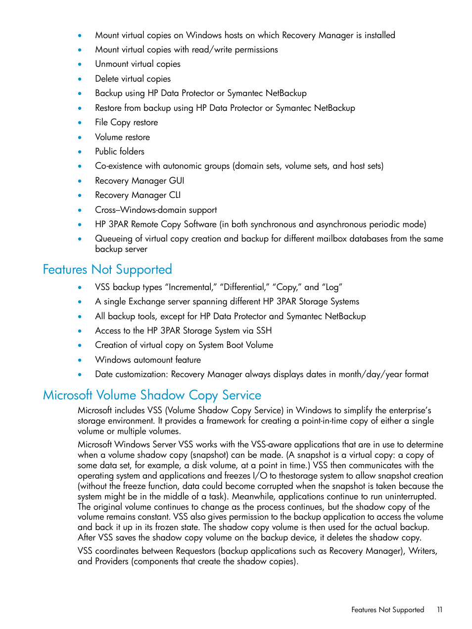 Features not supported, Microsoft volume shadow copy service | HP 3PAR Application Software Suite for Microsoft Exchange Licenses User Manual | Page 11 / 111