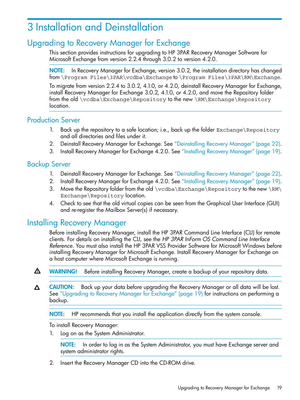 3 installation and deinstallation, Upgrading to recovery manager for exchange, Production server | Backup server, Installing recovery manager, Production server backup server | HP 3PAR Application Software Suite for Microsoft Exchange Licenses User Manual | Page 19 / 111