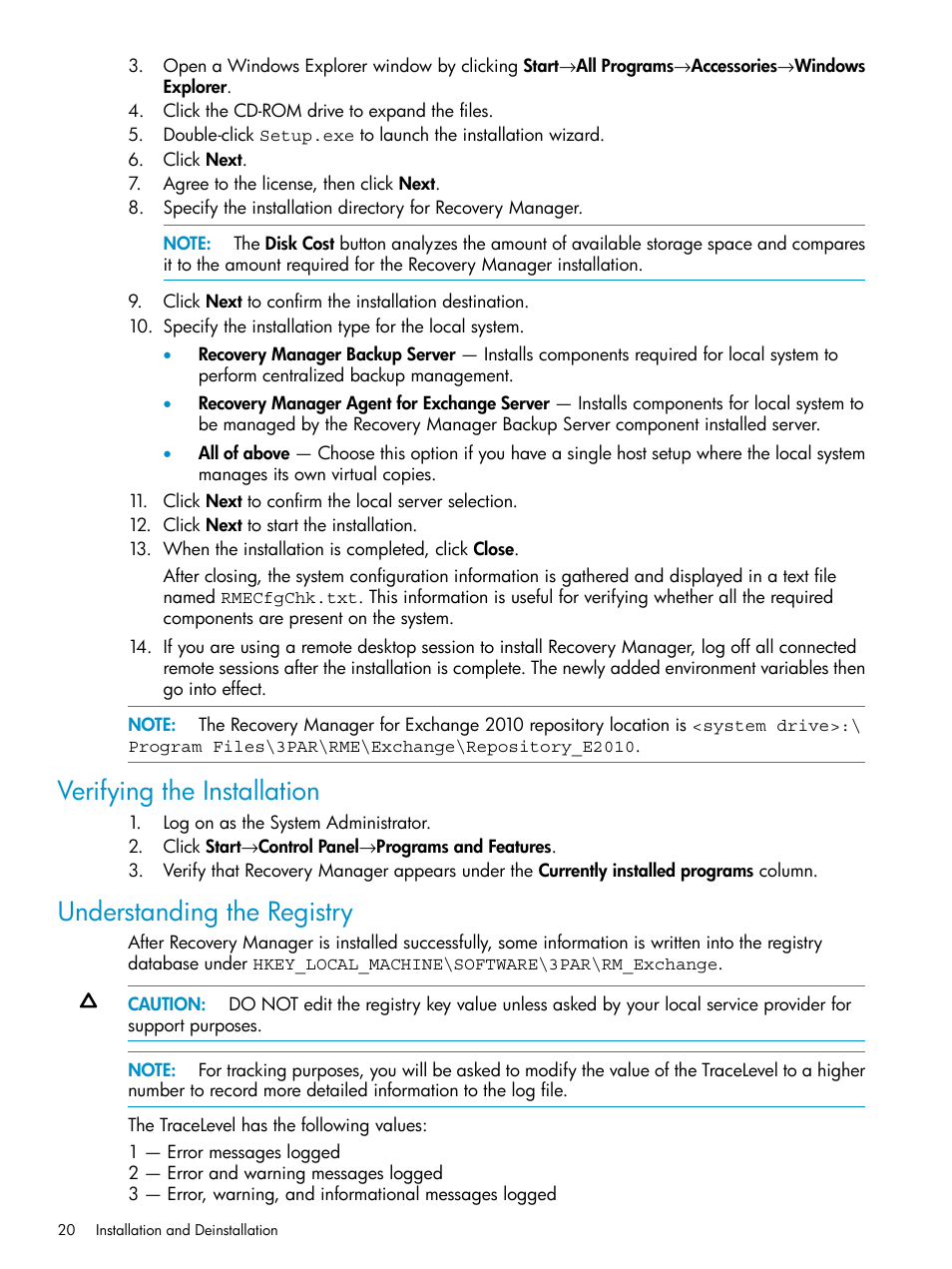 Verifying the installation, Understanding the registry | HP 3PAR Application Software Suite for Microsoft Exchange Licenses User Manual | Page 20 / 111