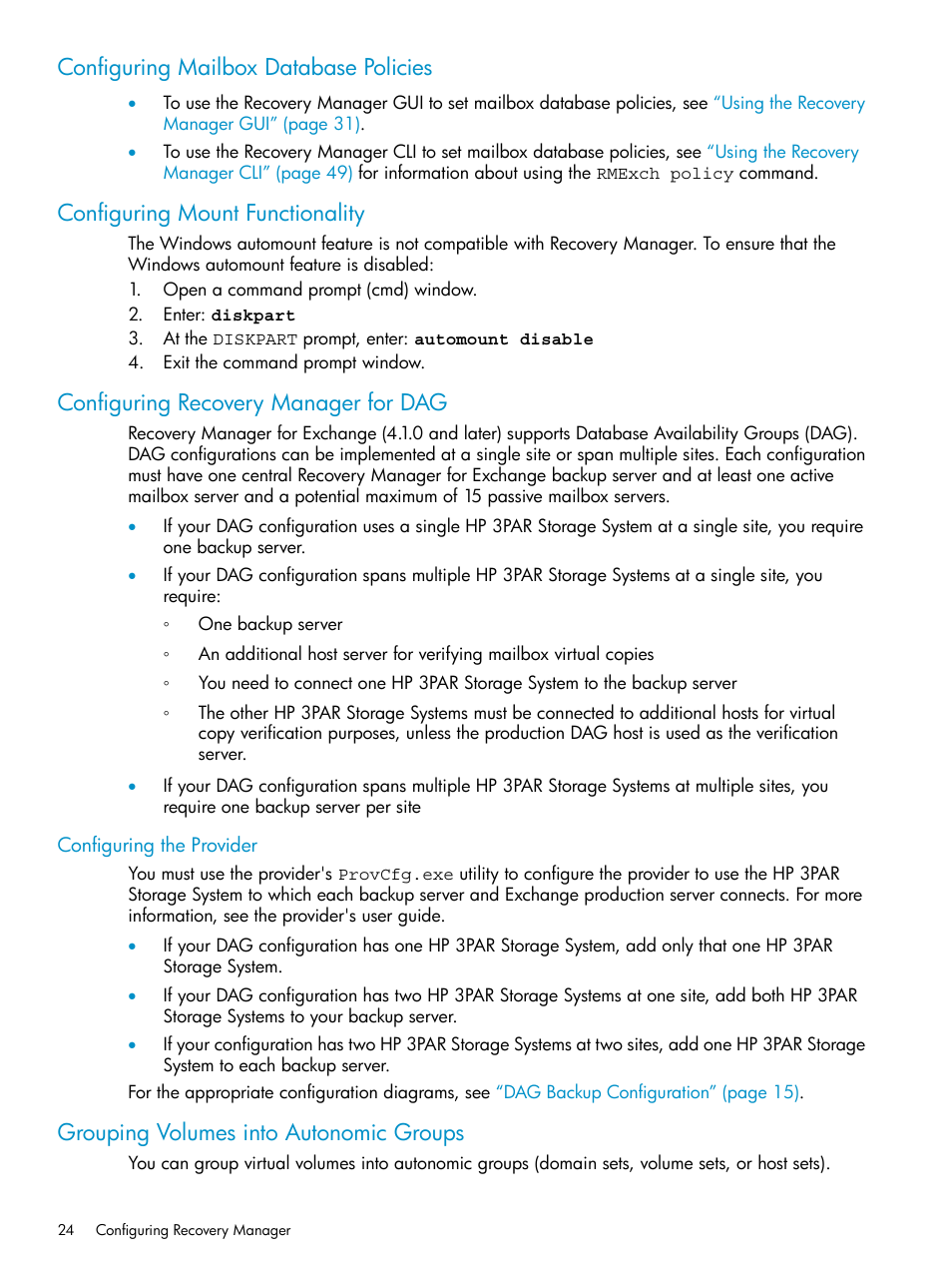 Configuring mailbox database policies, Configuring mount functionality, Configuring recovery manager for dag | Configuring the provider, Grouping volumes into autonomic groups | HP 3PAR Application Software Suite for Microsoft Exchange Licenses User Manual | Page 24 / 111