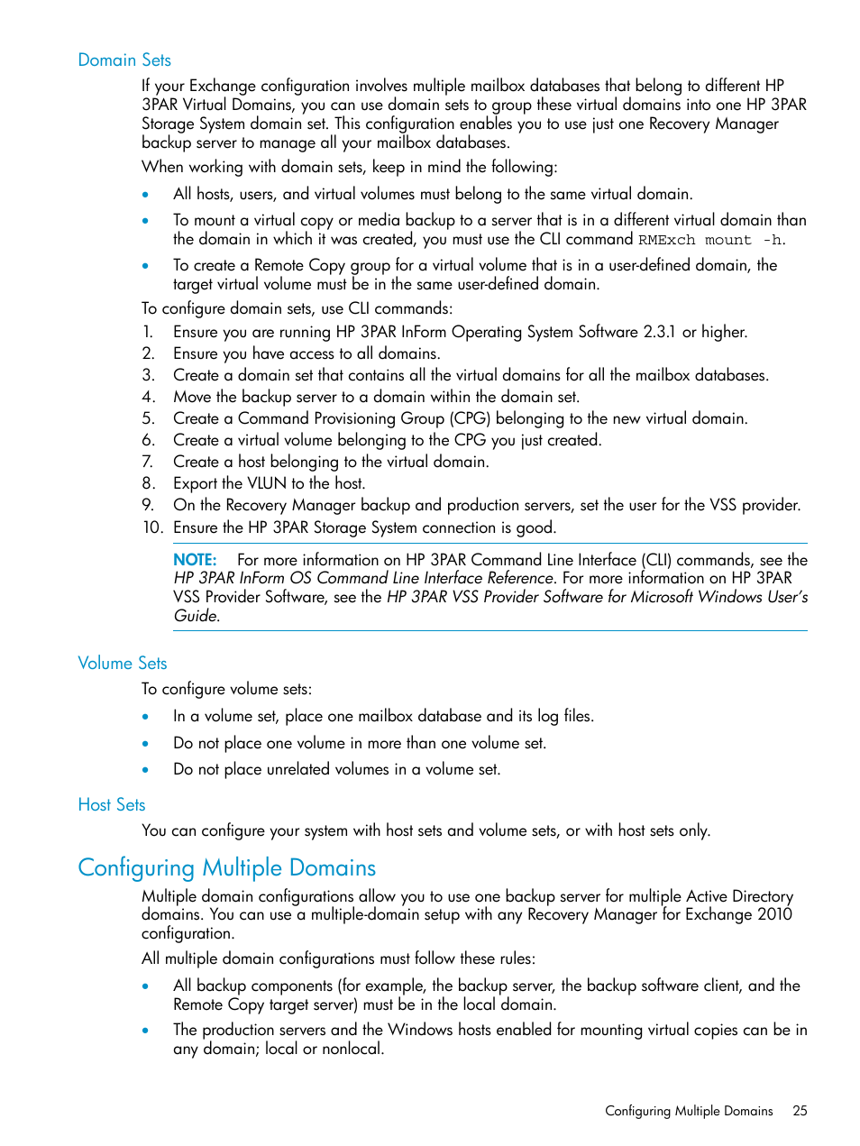 Domain sets, Volume sets, Host sets | Configuring multiple domains, Volume sets host sets | HP 3PAR Application Software Suite for Microsoft Exchange Licenses User Manual | Page 25 / 111