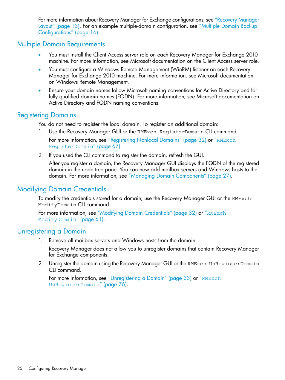 Multiple domain requirements, Registering domains, Modifying domain credentials | Unregistering a domain | HP 3PAR Application Software Suite for Microsoft Exchange Licenses User Manual | Page 26 / 111