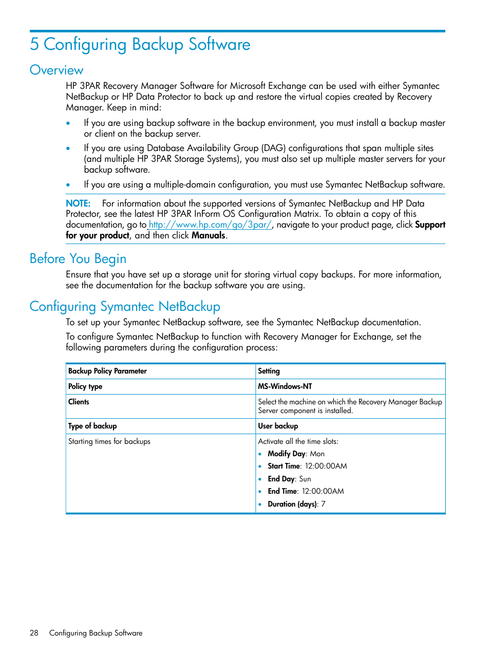 5 configuring backup software, Overview, Before you begin | Configuring symantec netbackup | HP 3PAR Application Software Suite for Microsoft Exchange Licenses User Manual | Page 28 / 111