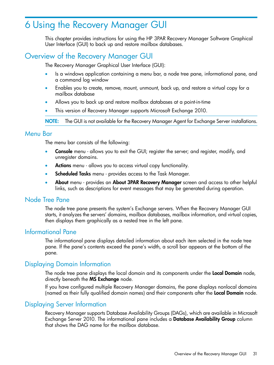 6 using the recovery manager gui, Overview of the recovery manager gui, Menu bar | Node tree pane, Informational pane, Displaying domain information, Displaying server information, Using the recovery | HP 3PAR Application Software Suite for Microsoft Exchange Licenses User Manual | Page 31 / 111