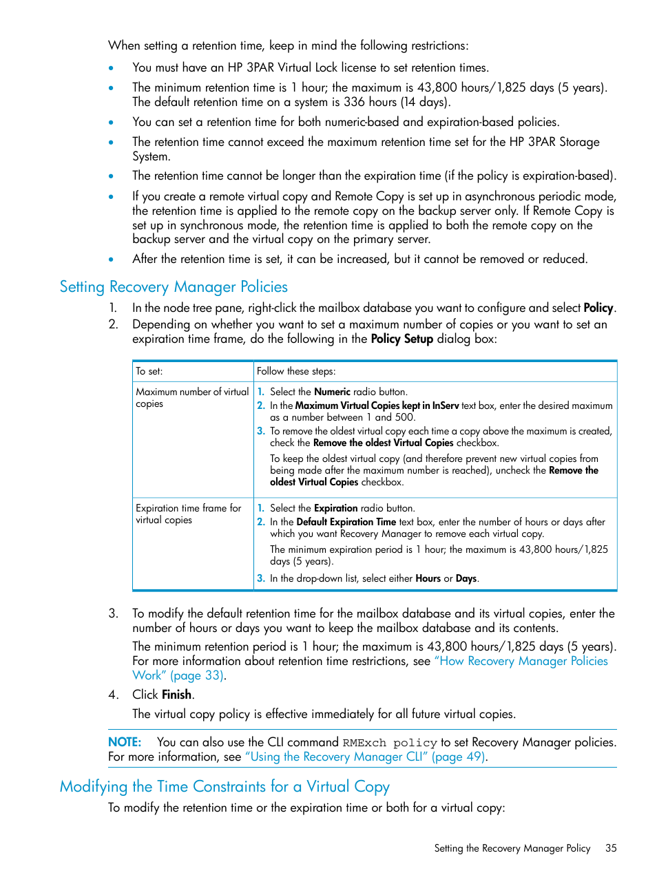 Setting recovery manager policies, Modifying the time constraints for a virtual copy | HP 3PAR Application Software Suite for Microsoft Exchange Licenses User Manual | Page 35 / 111