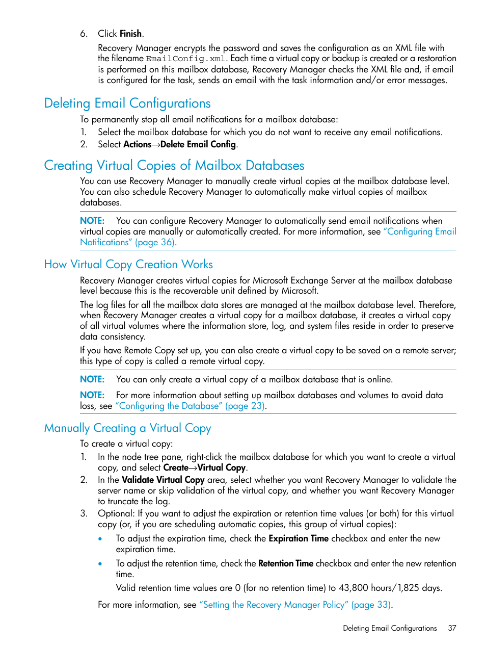 Deleting email configurations, Creating virtual copies of mailbox databases, How virtual copy creation works | Manually creating a virtual copy | HP 3PAR Application Software Suite for Microsoft Exchange Licenses User Manual | Page 37 / 111