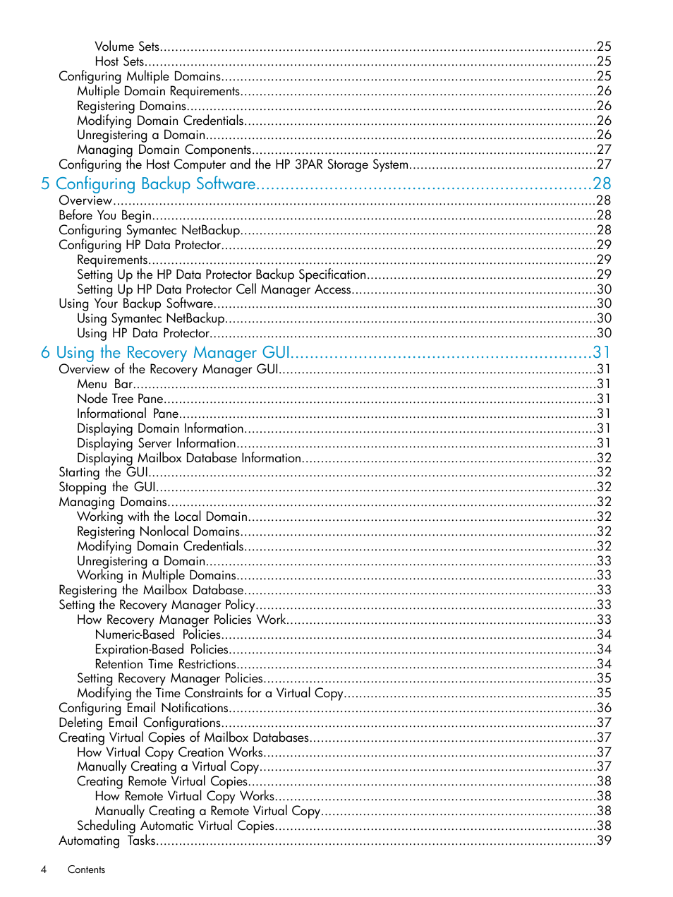 5 configuring backup software, 6 using the recovery manager gui | HP 3PAR Application Software Suite for Microsoft Exchange Licenses User Manual | Page 4 / 111