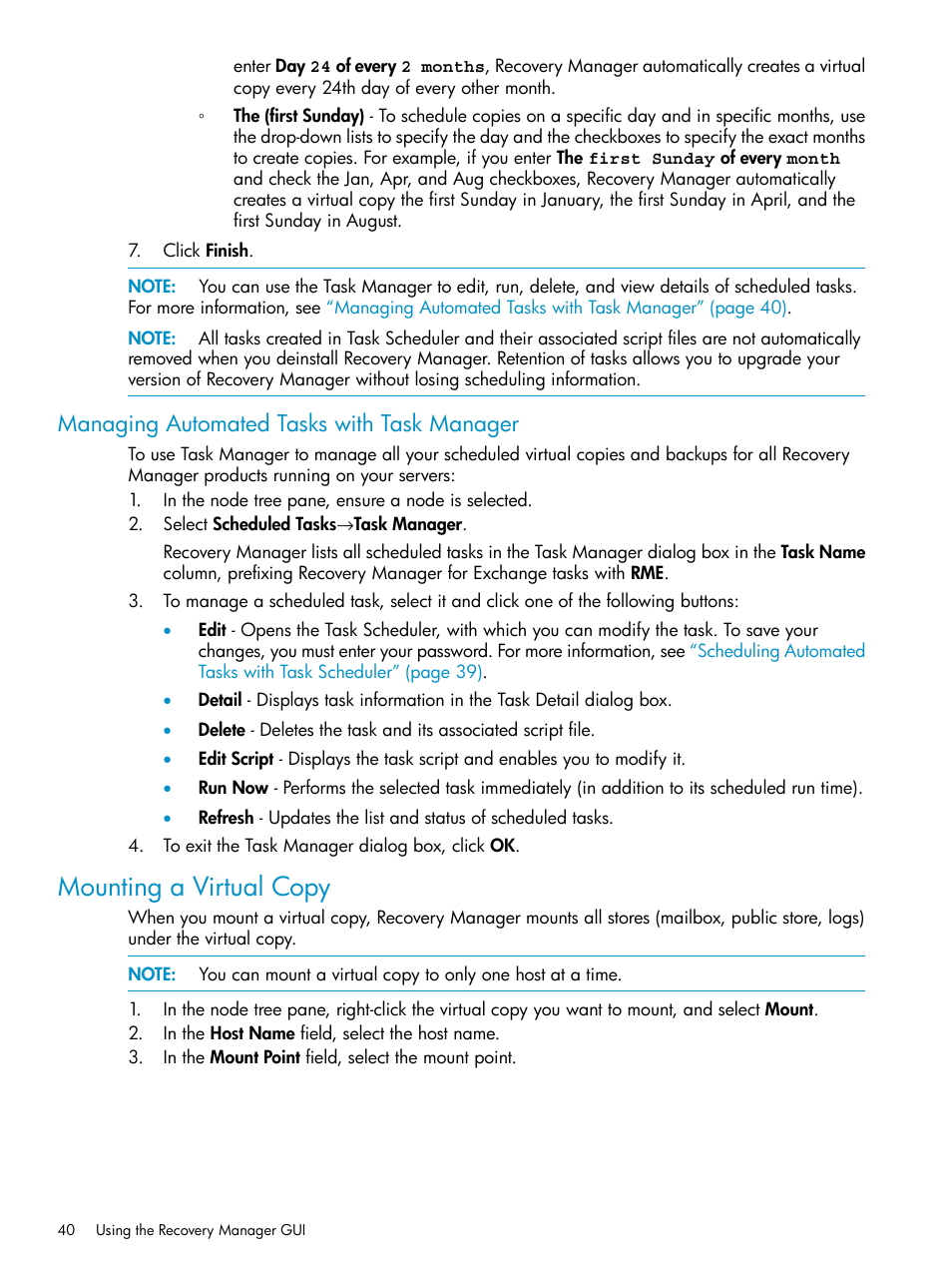 Managing automated tasks with task manager, Mounting a virtual copy | HP 3PAR Application Software Suite for Microsoft Exchange Licenses User Manual | Page 40 / 111