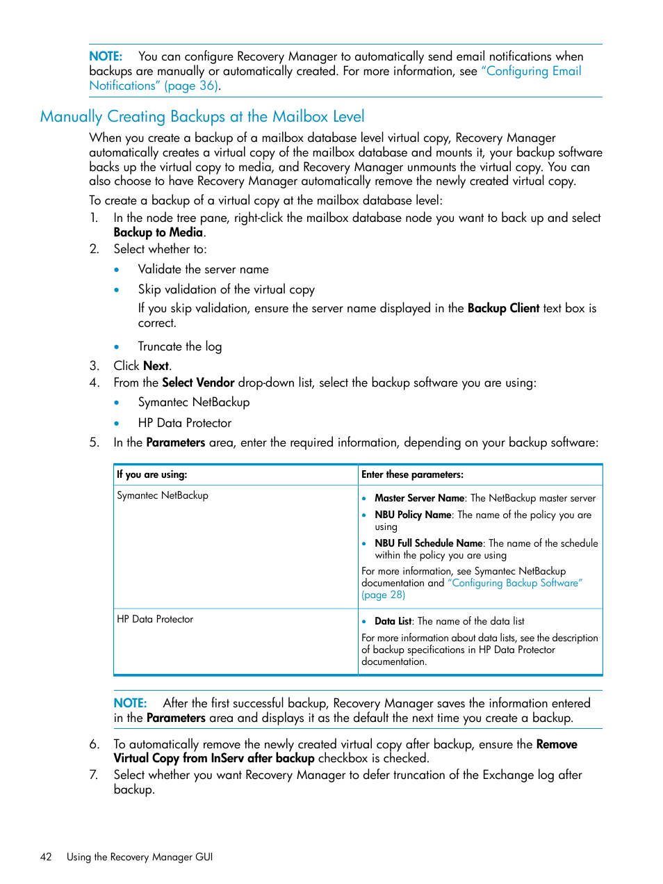 Manually creating backups at the mailbox level | HP 3PAR Application Software Suite for Microsoft Exchange Licenses User Manual | Page 42 / 111