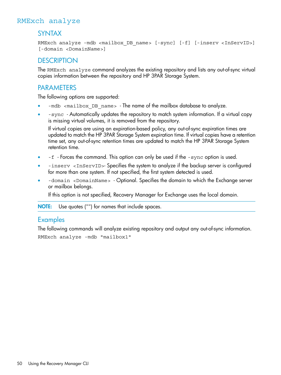 Rmexch analyze, Syntax, Description | Parameters, Examples | HP 3PAR Application Software Suite for Microsoft Exchange Licenses User Manual | Page 50 / 111