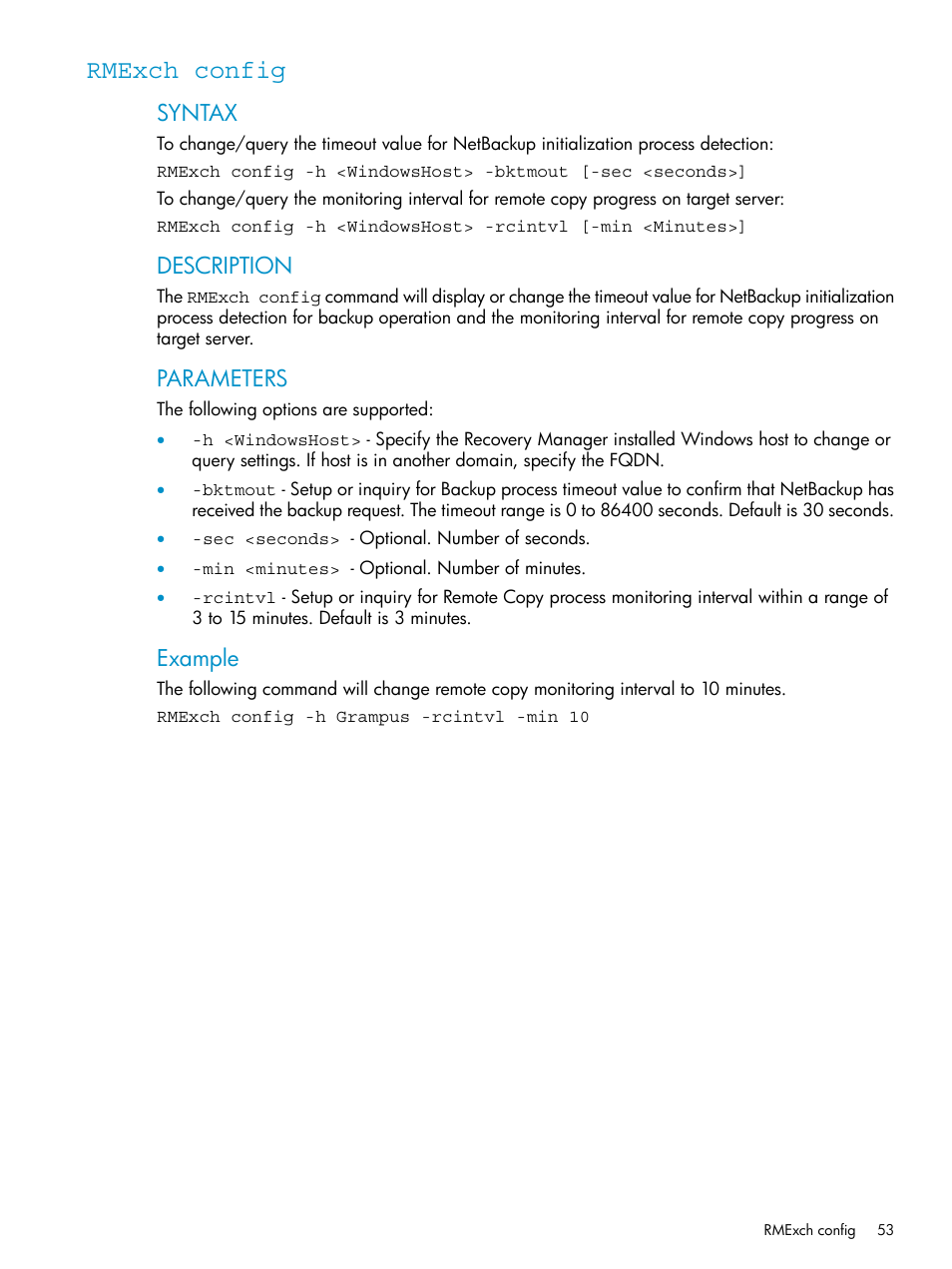 Rmexch config, Syntax, Description | Parameters, Example | HP 3PAR Application Software Suite for Microsoft Exchange Licenses User Manual | Page 53 / 111
