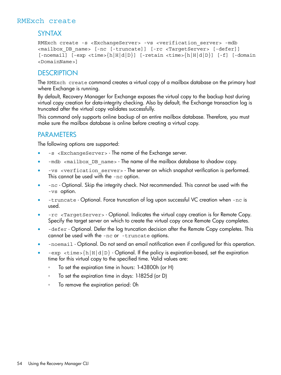 Rmexch create, Syntax, Description | Parameters | HP 3PAR Application Software Suite for Microsoft Exchange Licenses User Manual | Page 54 / 111