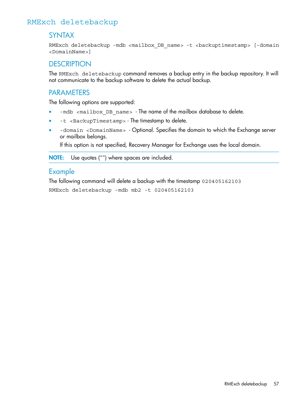 Rmexch deletebackup, Syntax, Description | Parameters, Example | HP 3PAR Application Software Suite for Microsoft Exchange Licenses User Manual | Page 57 / 111