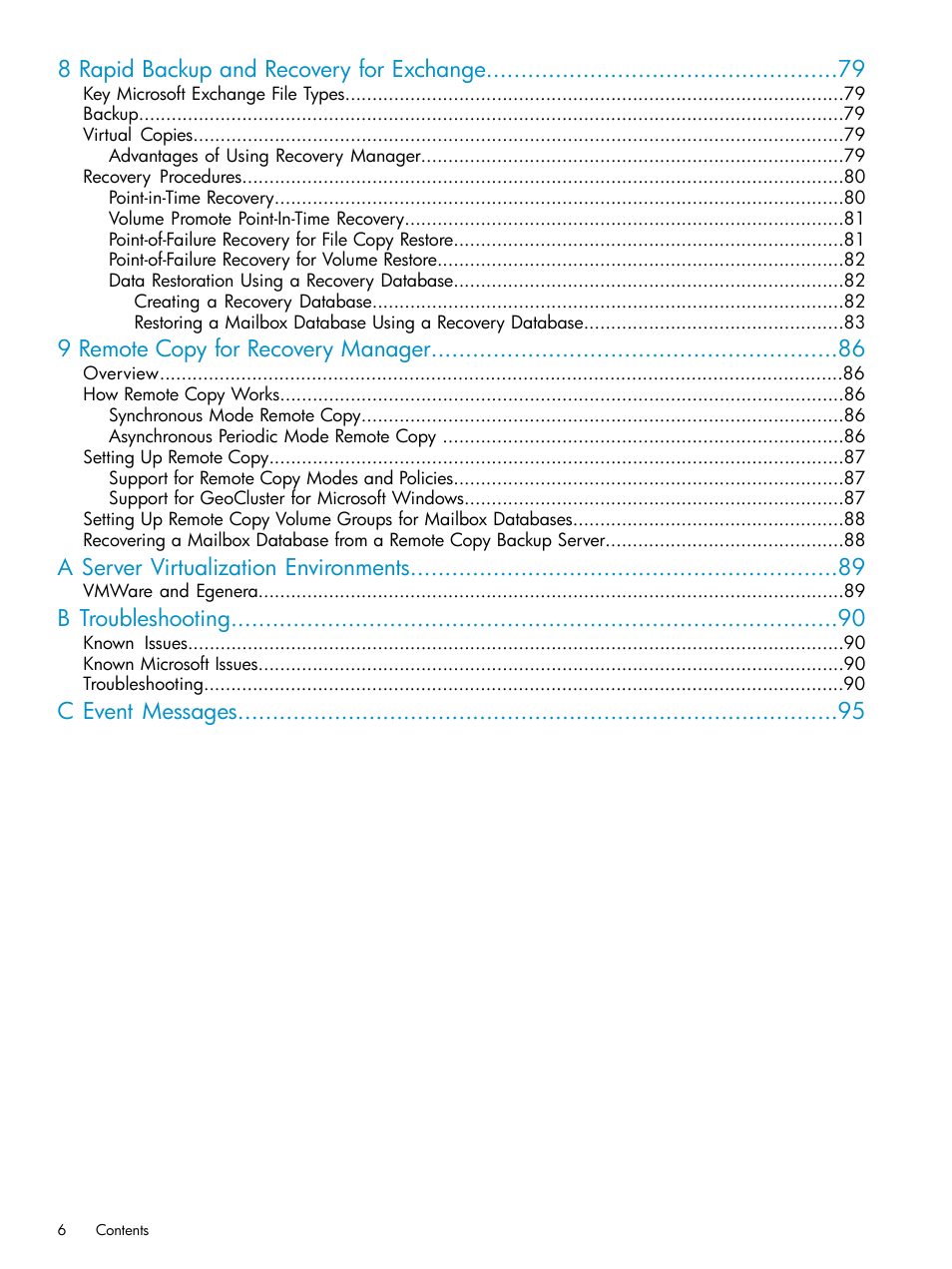 8 rapid backup and recovery for exchange, 9 remote copy for recovery manager, A server virtualization environments | B troubleshooting, C event messages | HP 3PAR Application Software Suite for Microsoft Exchange Licenses User Manual | Page 6 / 111