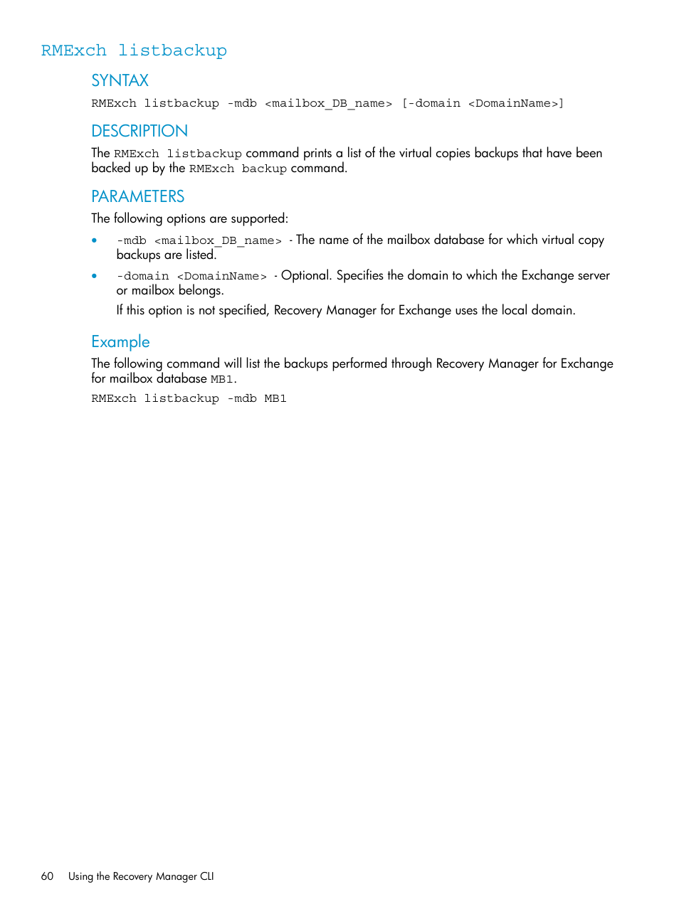 Rmexch listbackup, Syntax, Description | Parameters, Example | HP 3PAR Application Software Suite for Microsoft Exchange Licenses User Manual | Page 60 / 111