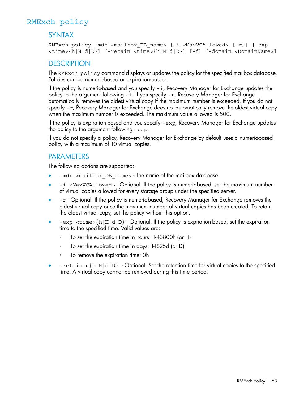 Rmexch policy, Syntax, Description | Parameters | HP 3PAR Application Software Suite for Microsoft Exchange Licenses User Manual | Page 63 / 111