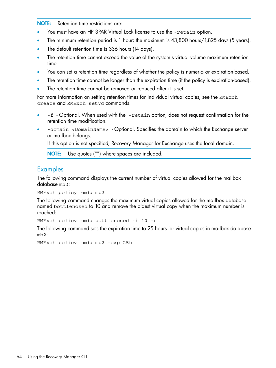 Examples | HP 3PAR Application Software Suite for Microsoft Exchange Licenses User Manual | Page 64 / 111