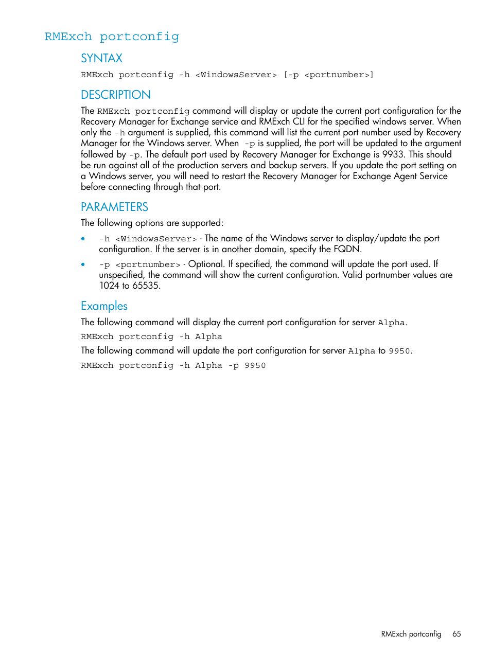 Rmexch portconfig, Syntax, Description | Parameters, Examples | HP 3PAR Application Software Suite for Microsoft Exchange Licenses User Manual | Page 65 / 111