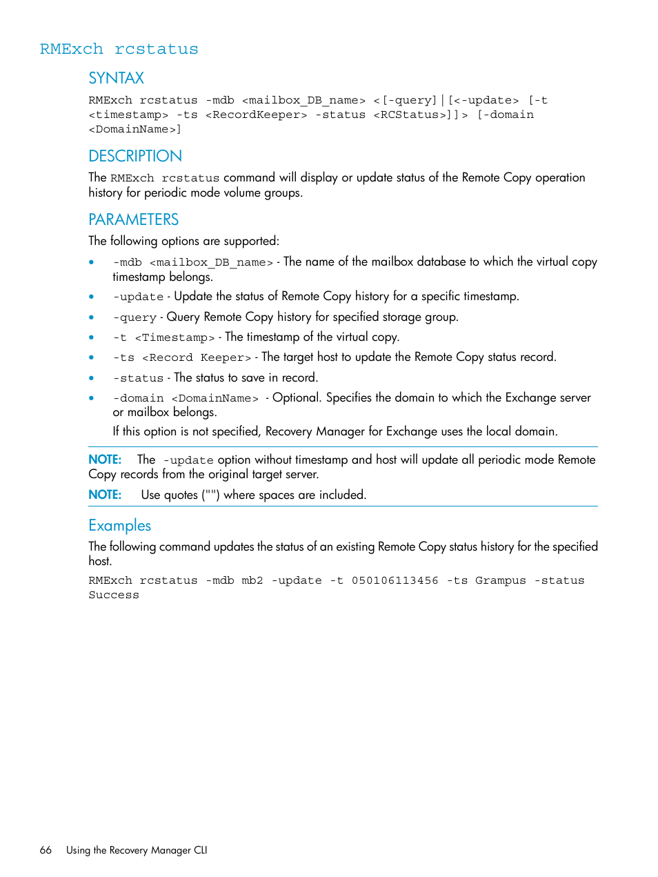Rmexch rcstatus, Syntax, Description | Parameters, Examples | HP 3PAR Application Software Suite for Microsoft Exchange Licenses User Manual | Page 66 / 111