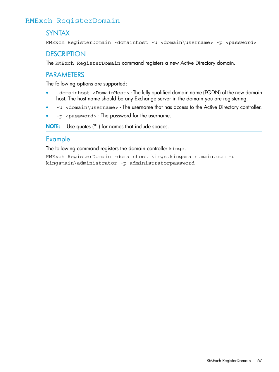 Rmexch registerdomain, Rmexch, Registerdomain | Syntax, Description, Parameters, Example | HP 3PAR Application Software Suite for Microsoft Exchange Licenses User Manual | Page 67 / 111