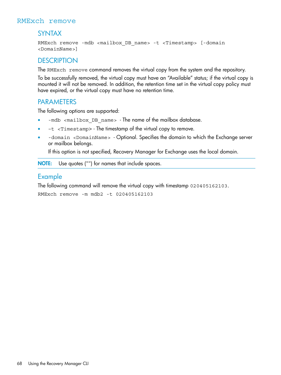 Rmexch remove, Syntax, Description | Parameters, Example | HP 3PAR Application Software Suite for Microsoft Exchange Licenses User Manual | Page 68 / 111