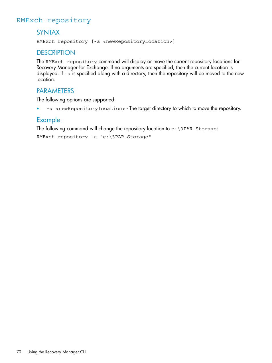 Rmexch repository, Syntax, Description | Parameters, Example | HP 3PAR Application Software Suite for Microsoft Exchange Licenses User Manual | Page 70 / 111