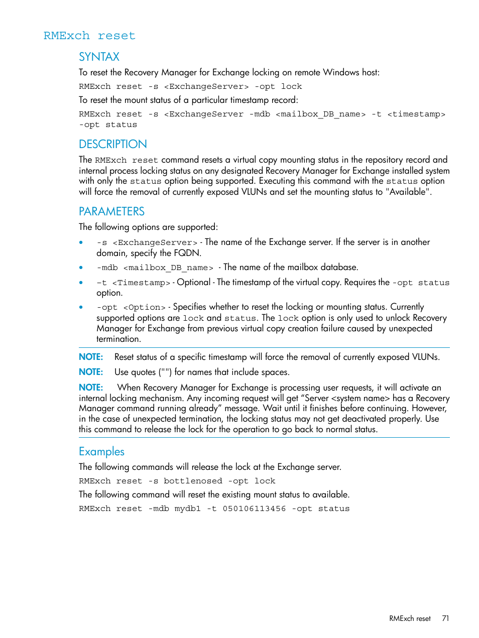 Rmexch reset, Syntax, Description | Parameters, Examples | HP 3PAR Application Software Suite for Microsoft Exchange Licenses User Manual | Page 71 / 111