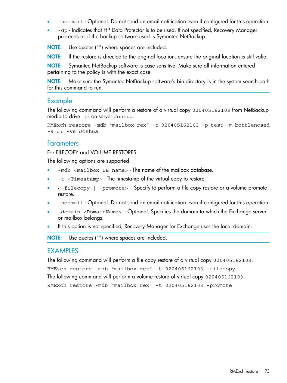 Example, Parameters, Examples | HP 3PAR Application Software Suite for Microsoft Exchange Licenses User Manual | Page 73 / 111