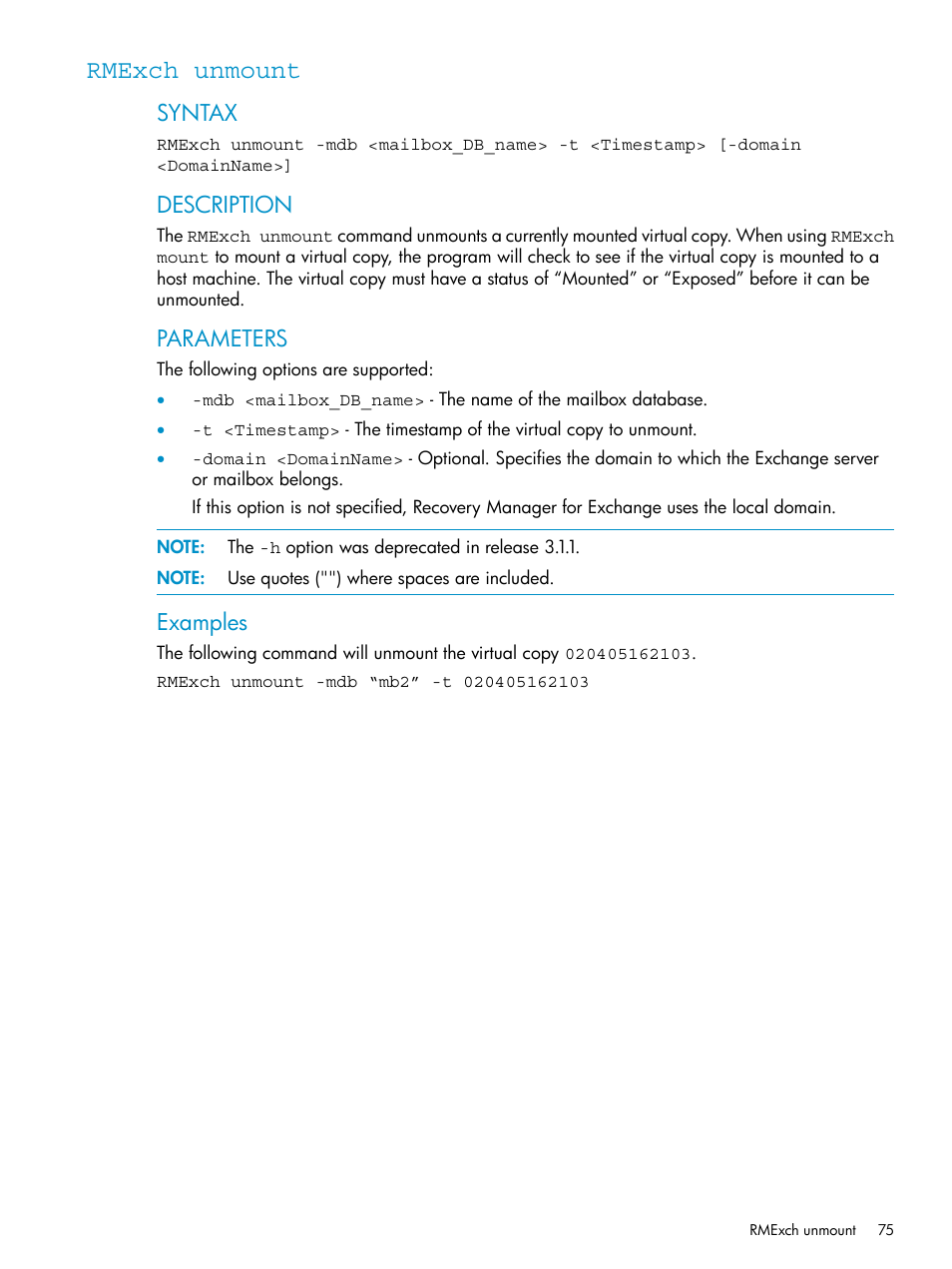 Rmexch unmount, Syntax, Description | Parameters, Examples | HP 3PAR Application Software Suite for Microsoft Exchange Licenses User Manual | Page 75 / 111