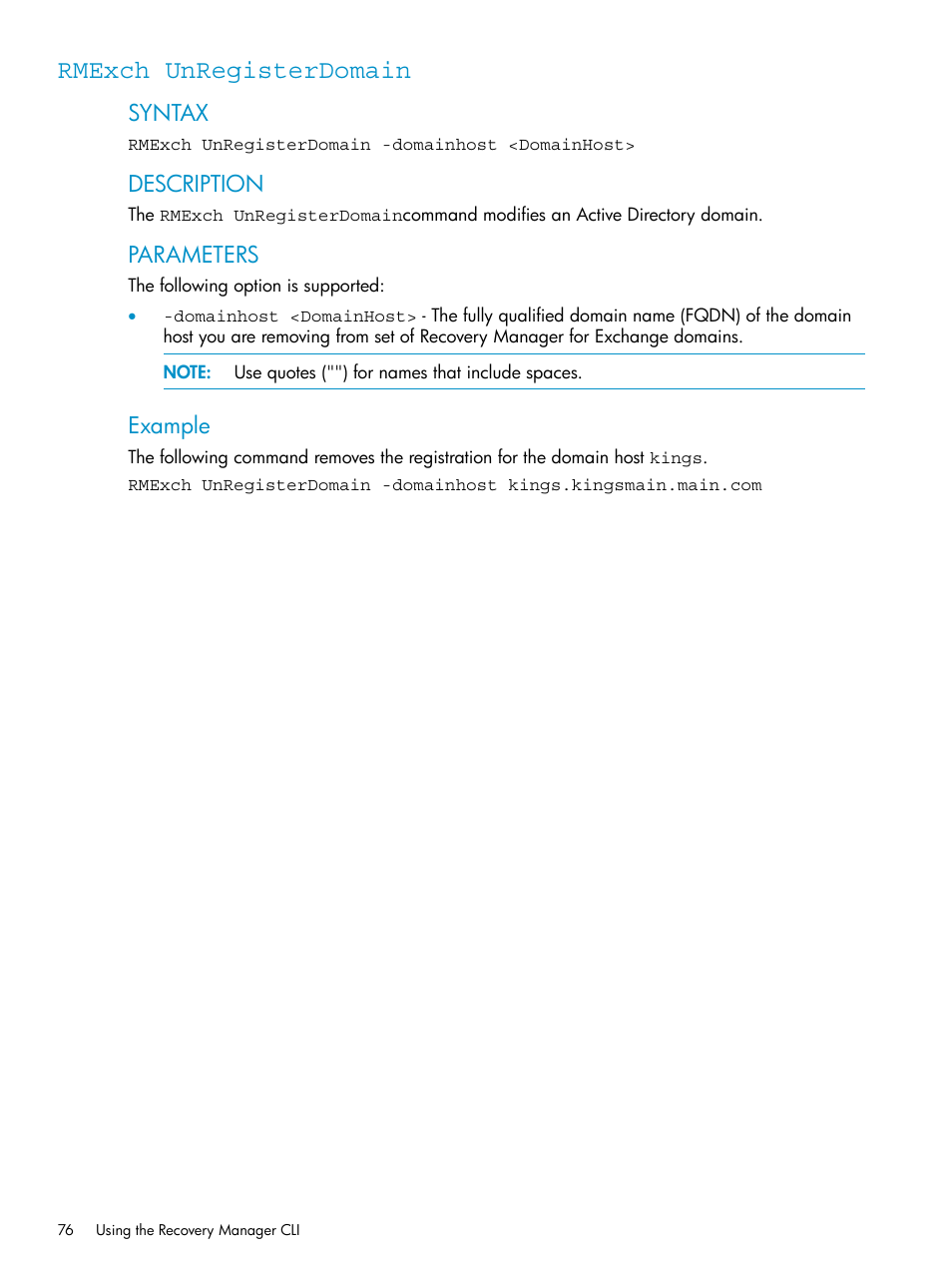 Rmexch unregisterdomain, Rmexch, Unregisterdomain | Syntax, Description, Parameters, Example | HP 3PAR Application Software Suite for Microsoft Exchange Licenses User Manual | Page 76 / 111