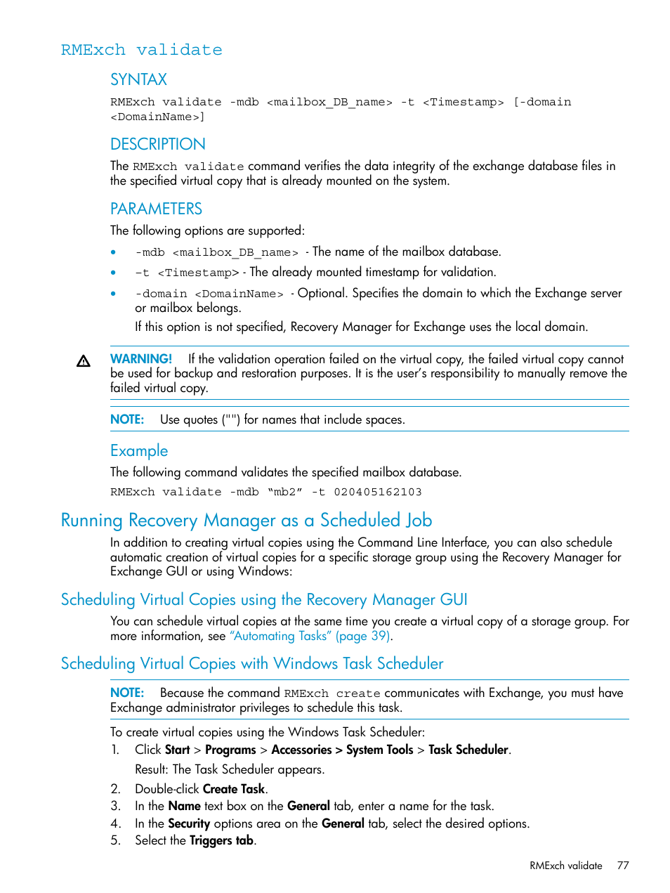 Rmexch validate, Running recovery manager as a scheduled job, Syntax | Description, Parameters, Example | HP 3PAR Application Software Suite for Microsoft Exchange Licenses User Manual | Page 77 / 111