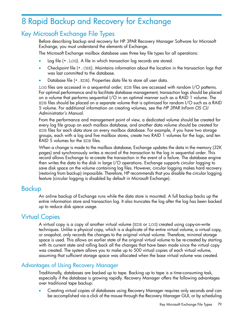 8 rapid backup and recovery for exchange, Key microsoft exchange file types, Backup | Virtual copies, Advantages of using recovery manager | HP 3PAR Application Software Suite for Microsoft Exchange Licenses User Manual | Page 79 / 111